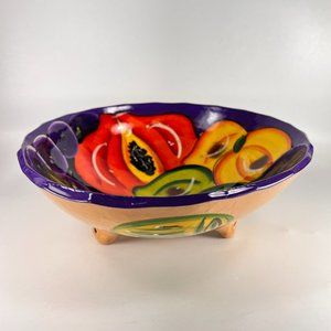 Mexico Clay Pottery Hand Painted Fruit Bowl Glazed Wall Hang 9.5" Folk Art
